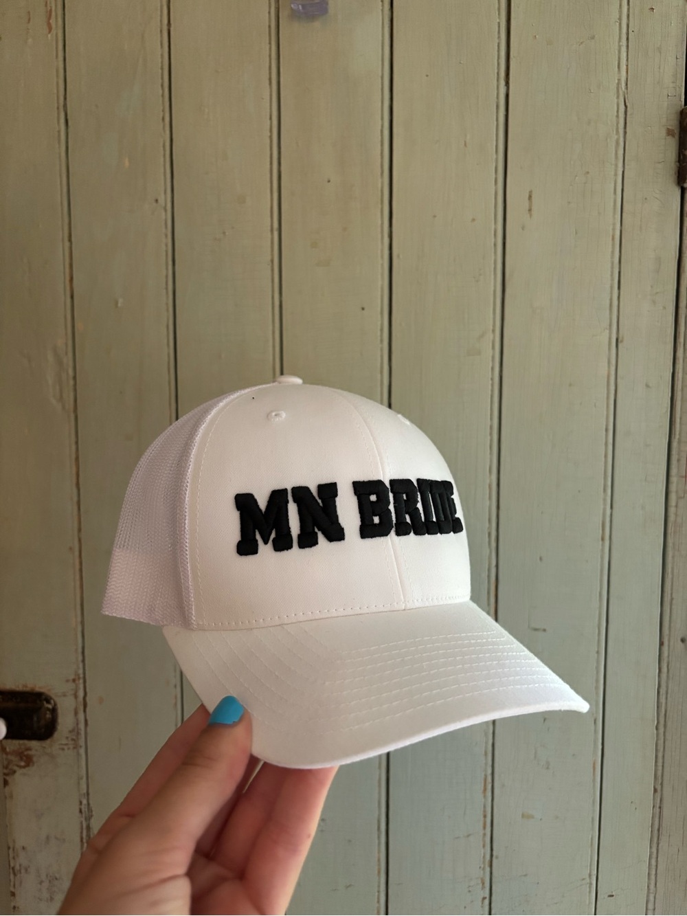 The Classic White Cap with Black MN BRIDE Applique